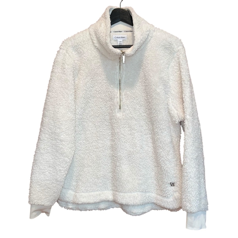 Calvin Klein Quarter Zip Pullover Womens L Cream‎ Sherpa Fleece Sweatshirt Top